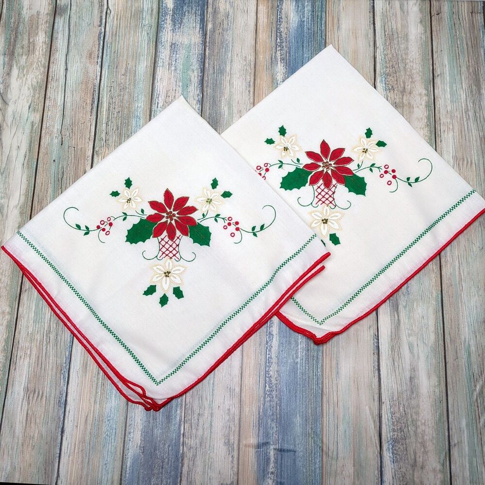 Vintage Christmas Poinsettia Cloth Napkins 19" Set of 2 Red Green Holly Basket